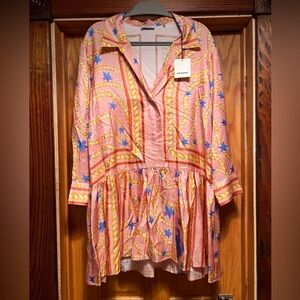 Sandro Pink Printed Mini Dress with Blue & Gold Motif